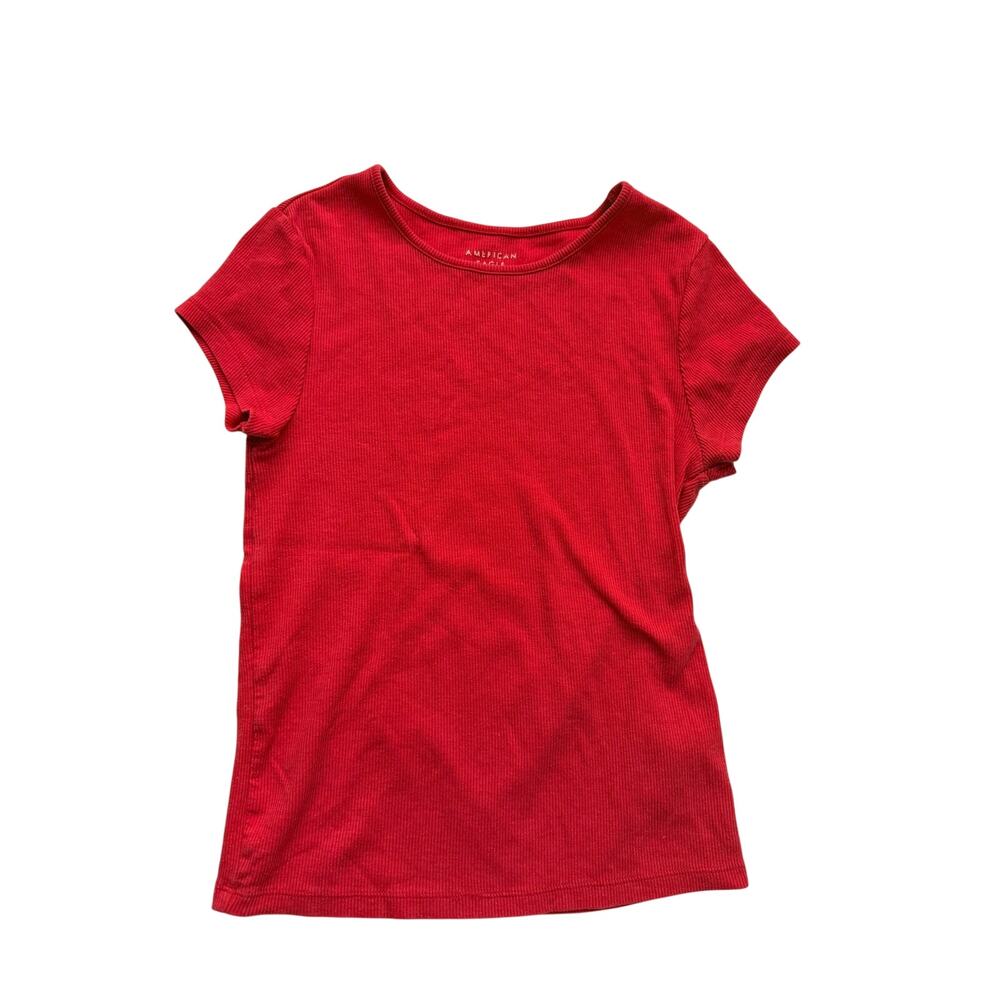 American Eagle Women's Red Ribbed Short Sleeve T-Shirt S